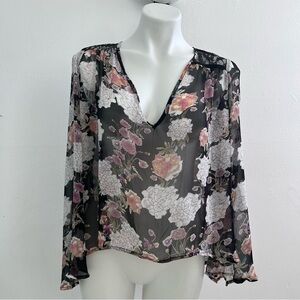 PLANET BLUE floral lace sheer blouse top XSMALL key hole back long bell sleeve